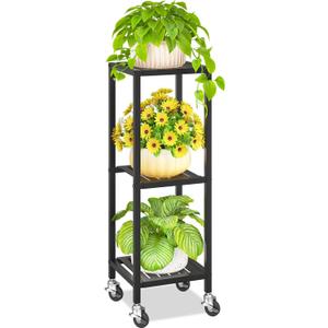 KMOTASUO 3 Tier Black Tall Plant Stand with Wheel for Indoor Outdoor, Heavy Duty Metal Multiple Large Planter Rack for Narrow Corner, Sturdy Iron Vertical Flower Holder for Modern House Patio Bathroom