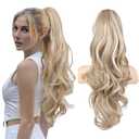 FLUFYMOOZ 26" Ponytail Extension, Long Wavy Curly Claw Clip in Ponytail Hair Extensions, Natural Synthetic Hairpiece for Women Daily Wear(Blonde with White Blonde Highlights)