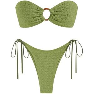 ZAFUL Women's Bandeau Bikini Strapless O Ring Lace Tie Back High Cut Two Piece Swimsuit Bathing Suits.M