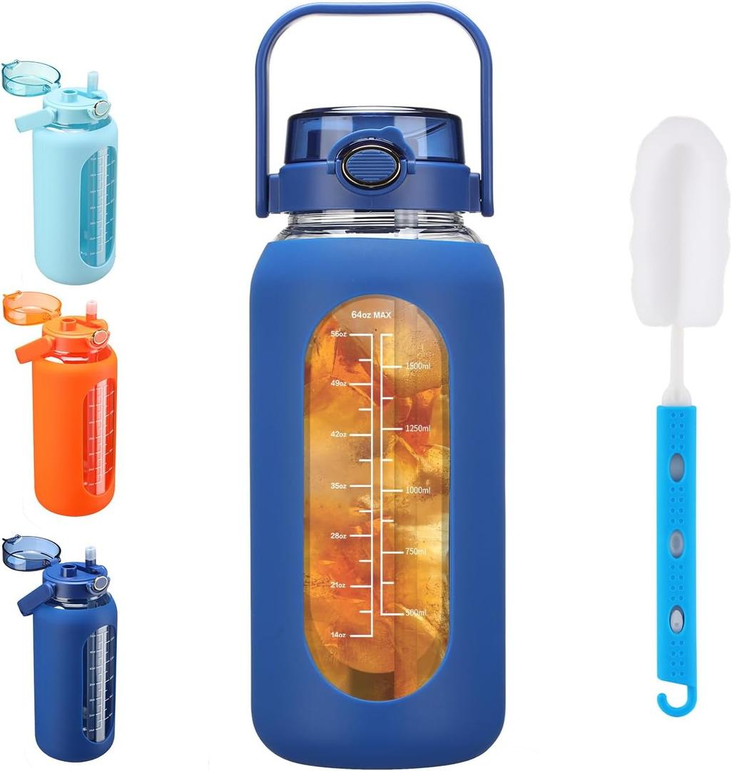Glass Water Bottle with Straw and Handle Lid Half Gallon Motivational Glass Bottle with Silicone Sleeve and Time Marker Large Reusable Sports Water Jug for Gym Home Workout (64 Ounces, Dark Blue)