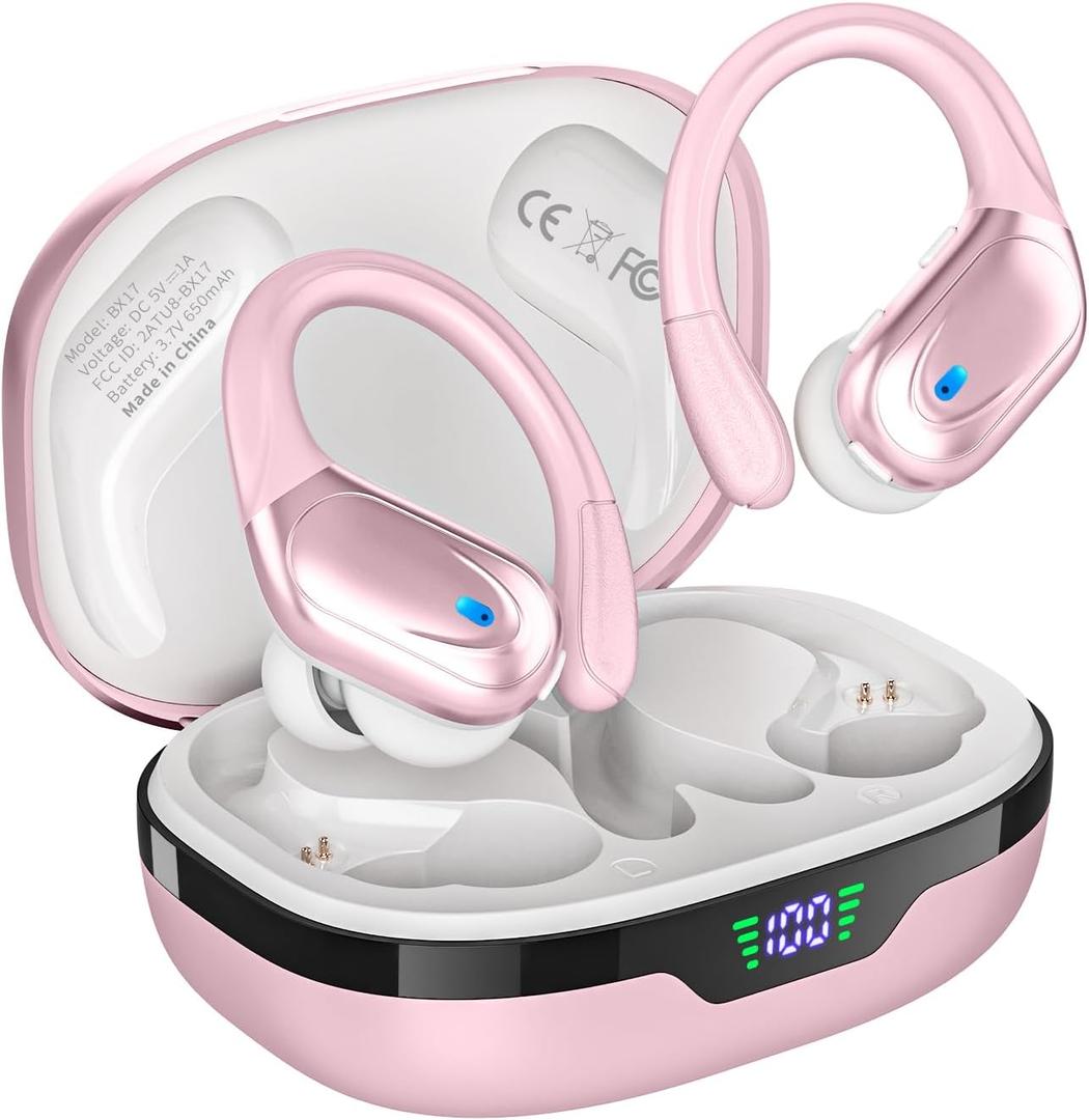 Wireless Earbuds, Sports Bluetooth Headphones, 80Hrs Playtime Ear Buds with LED Power Display, Noise Canceling Headset, IPX7 Waterproof Earphones for Workout/Running (Pink)