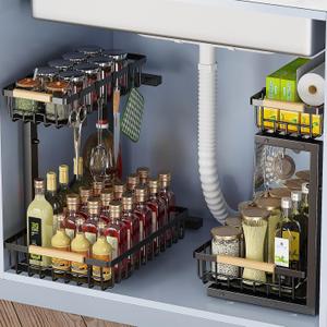 2 Pack Under Sink Organizer and Storage, Under Sink Storage for Kitchen Bathroom Cabinet, Double Pull-out Design, Height Adjustable