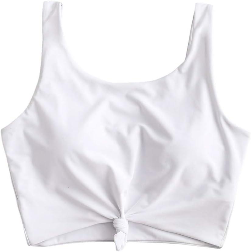 ZAFUL Women's Front Knot Bikini Tops Crop Tankini Top Scoop Neck Padded Bathing Suit Tops (Medium, White-top Only)