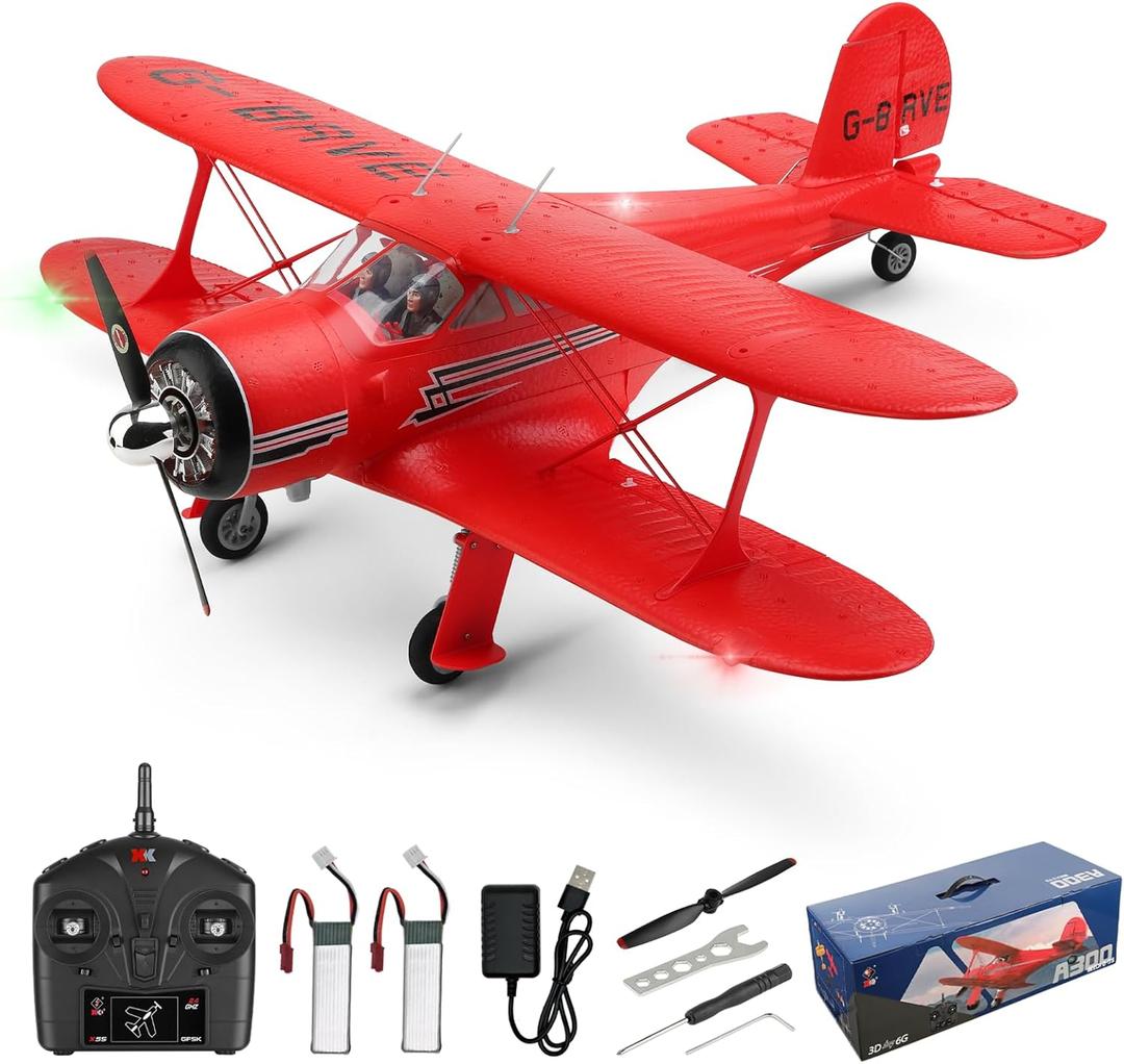 CKYSCHN WLtoys A300 4-Ch RC Plane, Beechcraft D-17 RC Airplanes with Lights, 6G/3D Brushless RC Planes with 2 Batteries, 2.4G Remote Control RC Airplanes Gifts for Adults (Red)