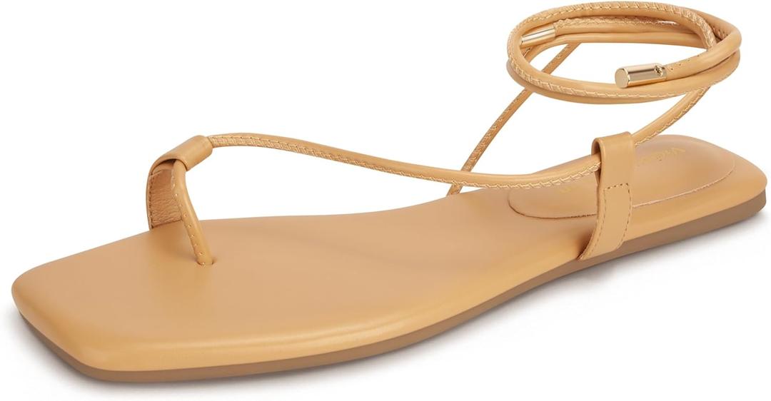 Women's Lace Up Sandals Strappy Flats Gladiator Wrap Flip Flop Tie Open Ring Toe Summer Shoes (7, Nude)