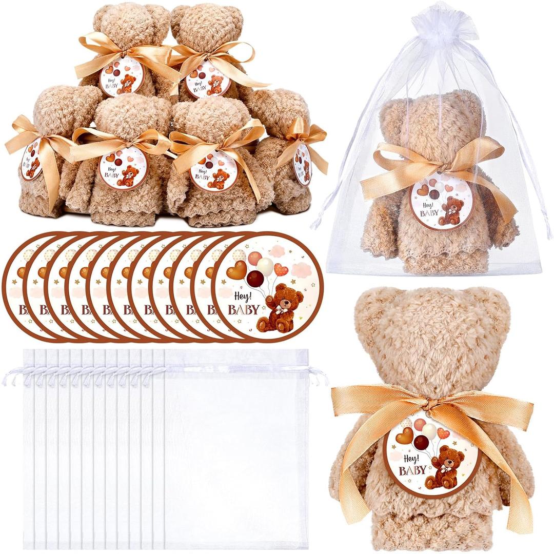 Mindsoft 24 Sets Baby Shower Favor Set with Coral Fleece Bear Towel Organza Bags and Cards Soft Hand Bath Towel for Gift Baby Shower Christening Baptism Party Favor