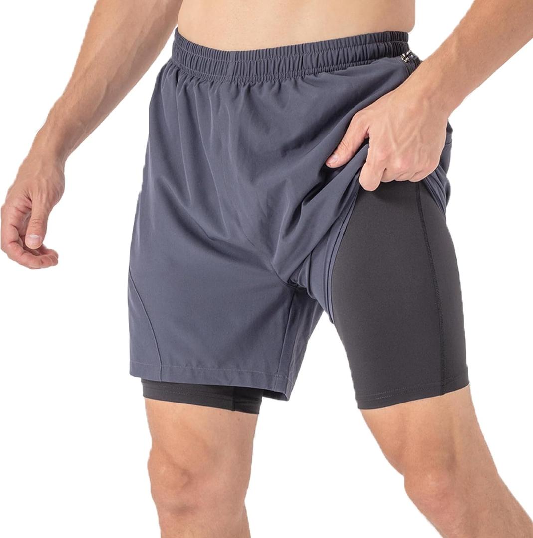 Off-Season Sale Mens Running Shorts with Compression Liner 2 in 1 Gym Shorts 5 Inch Lightweight Quick Dry (Gray, XXXL)