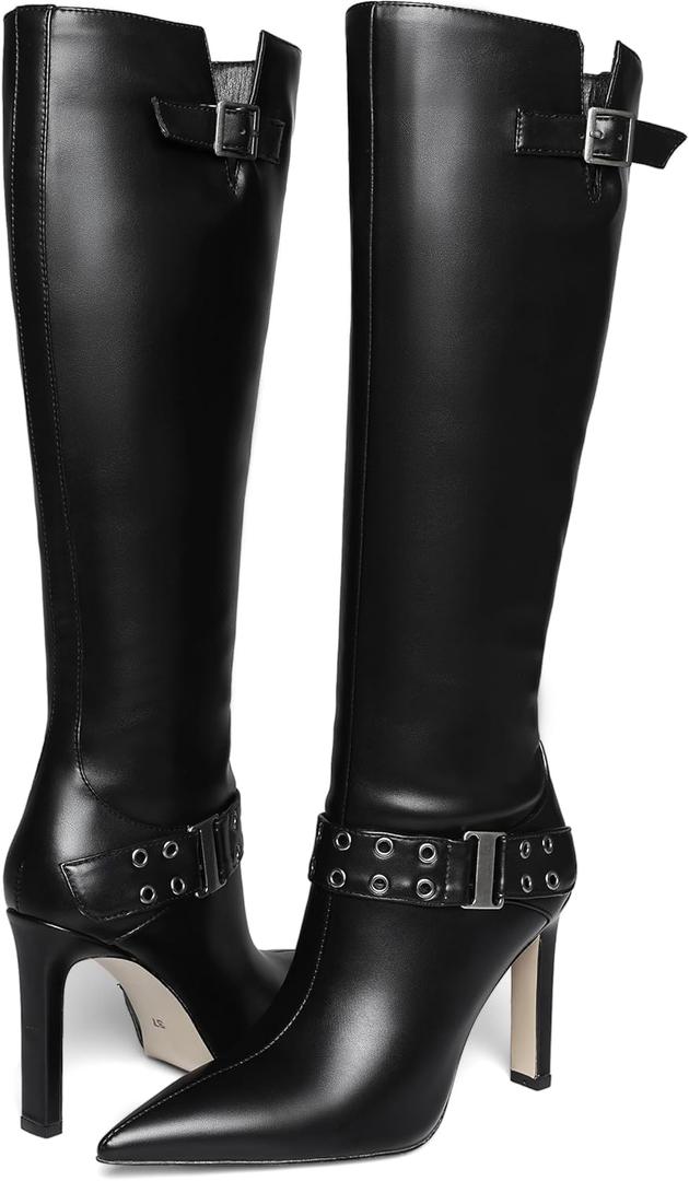 Uacllcau Knee High Boots Women Pointed Toe Tall Boots Sexy Stiletto High Heels Long Boots Fashion Trendy Buckle Dress Boots Slouch Zipper Heeled Boots, 9