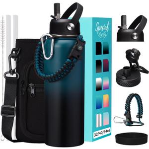 32 40 64OZ Insulated Water Bottle - Keep Cold 48H Hot 24H, Combo Straw & Spout Lids, Survival Paracord Handle, Bottle Carrier Bag w/Strap, Protective Cup Mat, Stainless Steel Flask Jug (Indigo Black)
