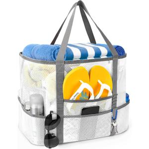 Mesh Beach Bag, Large Beach Bag Swimming Bag Foldable Mesh Tote for Your Family Beach Trip (White)
