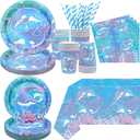 Dolphin Party Supplies, Includes Plates, Napkins, Cups, Tablecloths, for Ocean DolphinTheme Birthday Baby Shower Party Decorations
