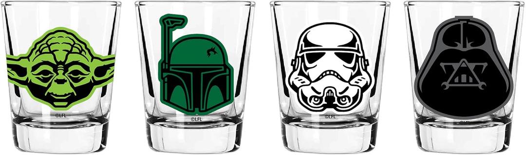 Star Wars Glass Set - 2 oz. Capacity - Set of 4 Glasses - Darth Vader, Yoda, Boba Fett, Stormtrooper