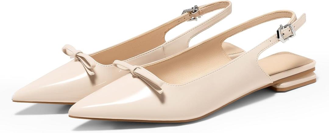 Coutgo Womens Slingback Flats Bow Slip on Dress Shoes Buckle Comfortable Ballet Flats Pointed Toe Flat Party Work Shoes (7, Nude)