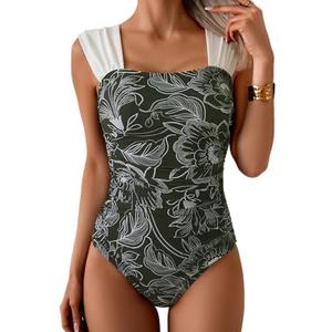 B2prity Womens One Piece Swimsuit Retro Square Neck Tummy Control Bathing Suits Ruched Modest Full Coverage Swimwear Size M
