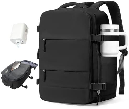 Vacuum Travel Backpack with Pump Women,Personal Item Carry on Backpacks Flight Approved 18x14x8 inches Men,Laptop Waterproof Work Compression bags Casual Daypack Mochila de Viaje Compresion al Black