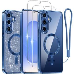Meifigno Case Designed for Samsung Galaxy S25 Plus 6.7 inch, [Compatible with MagSafe] [2X HD Screen Protectors] [Glitter Card & Wrist Strap] Full Lens Protection Case for Galaxy S25 Plus, Navy | 6.7 inch, for Galaxy S25 Plus