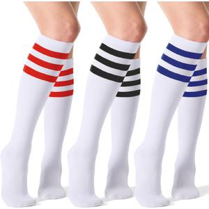 Joulli Women's Knee High Athletic Socks Stripe Tube Outdoor Sport Socks 1-3 Pairs (Wb+bl+br)