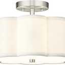 Audickic Semi Flush Mount Ceiling Lights, 3Light 13" Ceiling Light Fixtures with Fabric Shade in Flower Shape, Brushed Nickel Drum Lighting for Nursery Hallway Bedroom Kitchen, AD220073SFSN