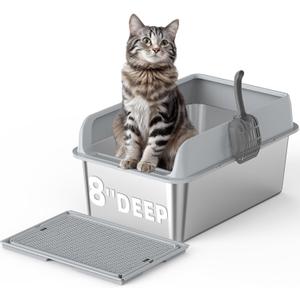 Stainless Steel Cat Litter Box with Lid,XXL Large Metal Cat Litter Box,High Wall Sided Enclosure Kitty Litter Box with Scoop Mats,Non-Sticky,Anti-Leakage,Easy Clean,Odorless (8" Deep)