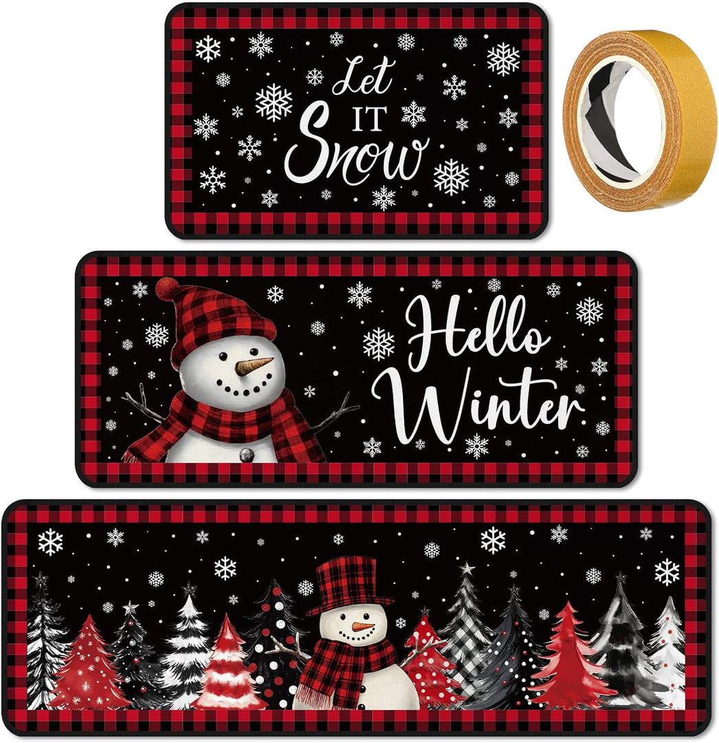 Sets of 3 Christmas Kitchen Rugs and Mats Set Winter Snowman Kitchen Rugs Non Slip Washable Red Black Xmas Door Mats for Floor Home Bathroom Cabin Christmas Winter Decor, 3 Sizes