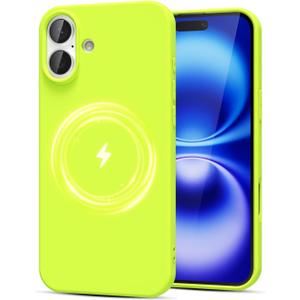 for iPhone 16 Case Silicone Mag Safe, Magnetic Compatible with Magsafe Phone Case, Thin Slim Wireless Charging Matte TPU Soft Rubber Gel Solid Plain Cover for Women Men, Bright Neon Green Lime