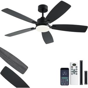 NKPU 52 Inch Ceiling Fans with Lights, Black Ceiling Fan and Remote/App Control, 2 Downrods, DC Reversible, Noiseless, Dimmable, 5 Dual-Sided Blades Modern Ceiling Fan for Indoor/Outdoor Use
