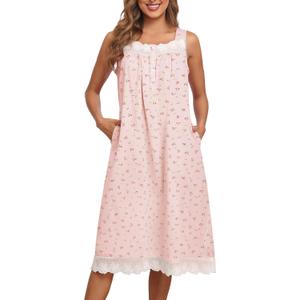 Bloggerlove Nightgowns for Women 100% Cotton Button Down Sleeveless House Dress Lace Moomoo Nightgown with Pockets (Large, Pink Flower)
