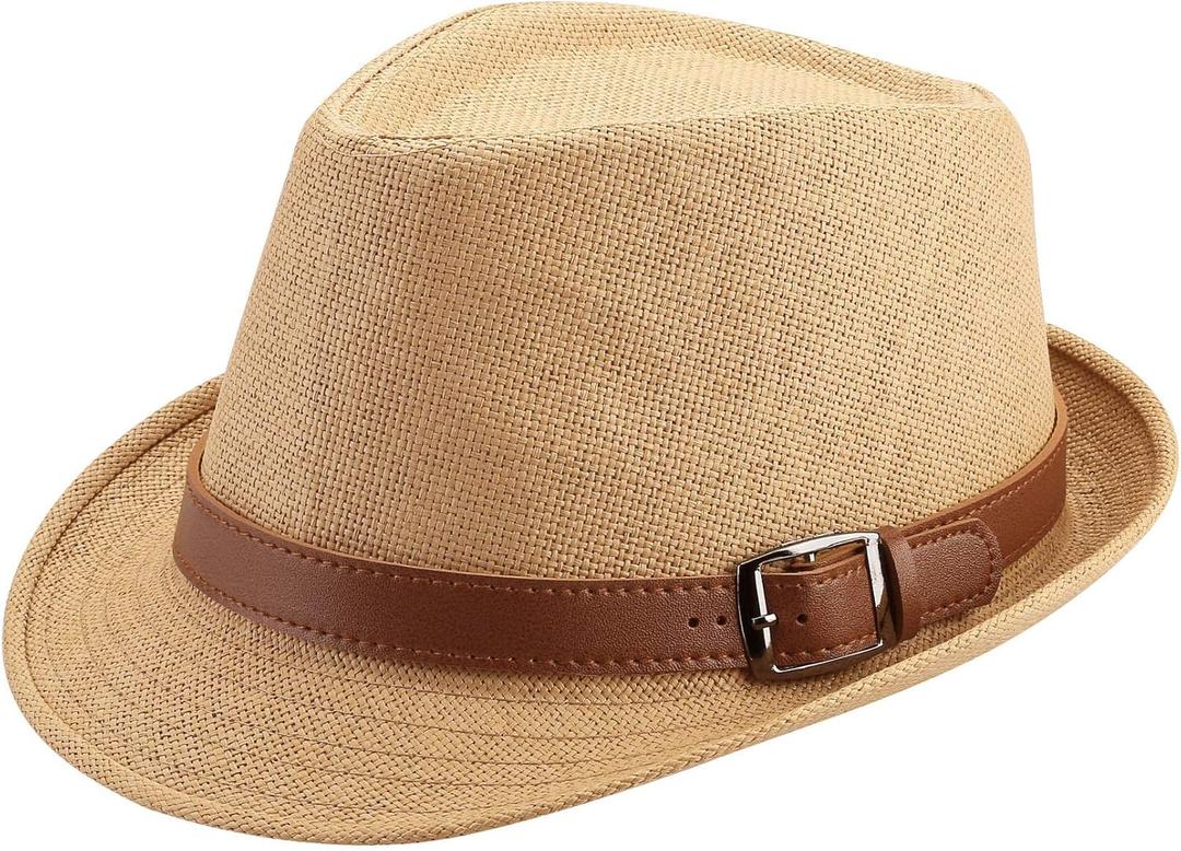 FALETO Straw Fedora Hat Classic Panama Trilby Hats Short Brim Sun Hat for Men Women (One Size, #01 Khaki)