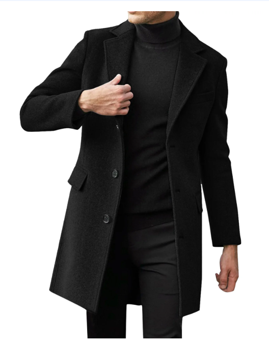 Mens Trench Coat Double Breasted Long Jacket Casual Windbreaker Notched Lapel Belted Overcoat, Size XL, Black
