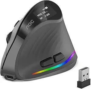 AOC 2.4GHz Ergonomic Mouse, Wireless Bluetooth Vertical Mouse for Work, 4800 DPI Optical Tracking, 5 Adjustable DPI, Quiet Clicks, RGB Light, Compatible with Computer, Laptop, PC, Mac, Desktop  Gray