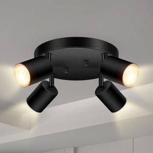 4 Light Track Lighting Fixtures Ceiling, Matte Black Round Directional Ceiling Spotlight, GU10 Flush Mount Track Fixture, Adjustable Modern LED Track Lights for Kitchen/Living Room, Bulb Not Included