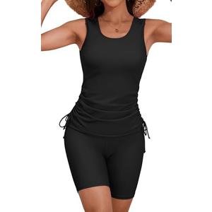 B2prity Tankini Swimsuits for Women Tummy Control Two Piece Bathing Suit Tank Top with Shorts Side Tie Swimwear, XL, Black