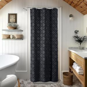 OWENIE Black Shower Curtain Set for Bathroom, 36  Width Stall Small Boho Shower Curtain with 12 Hooks, Soft Lightweight Jacquard Design Fabric Shower Curtain, Machine Washable, Black, 36 W x 72 L