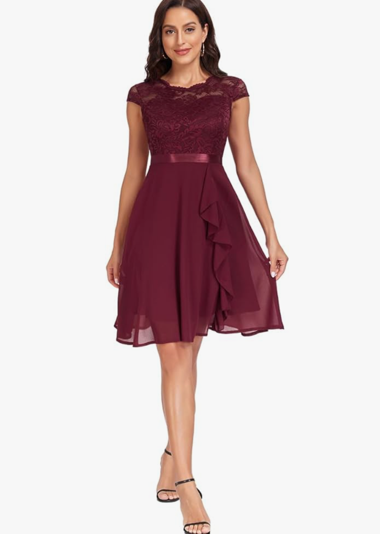 Women's Retro Lace Contrast Chiffon Ruffle Evening Cocktail Dresses, Tea Party Dress for Women 2024 Wedding Dress, Small