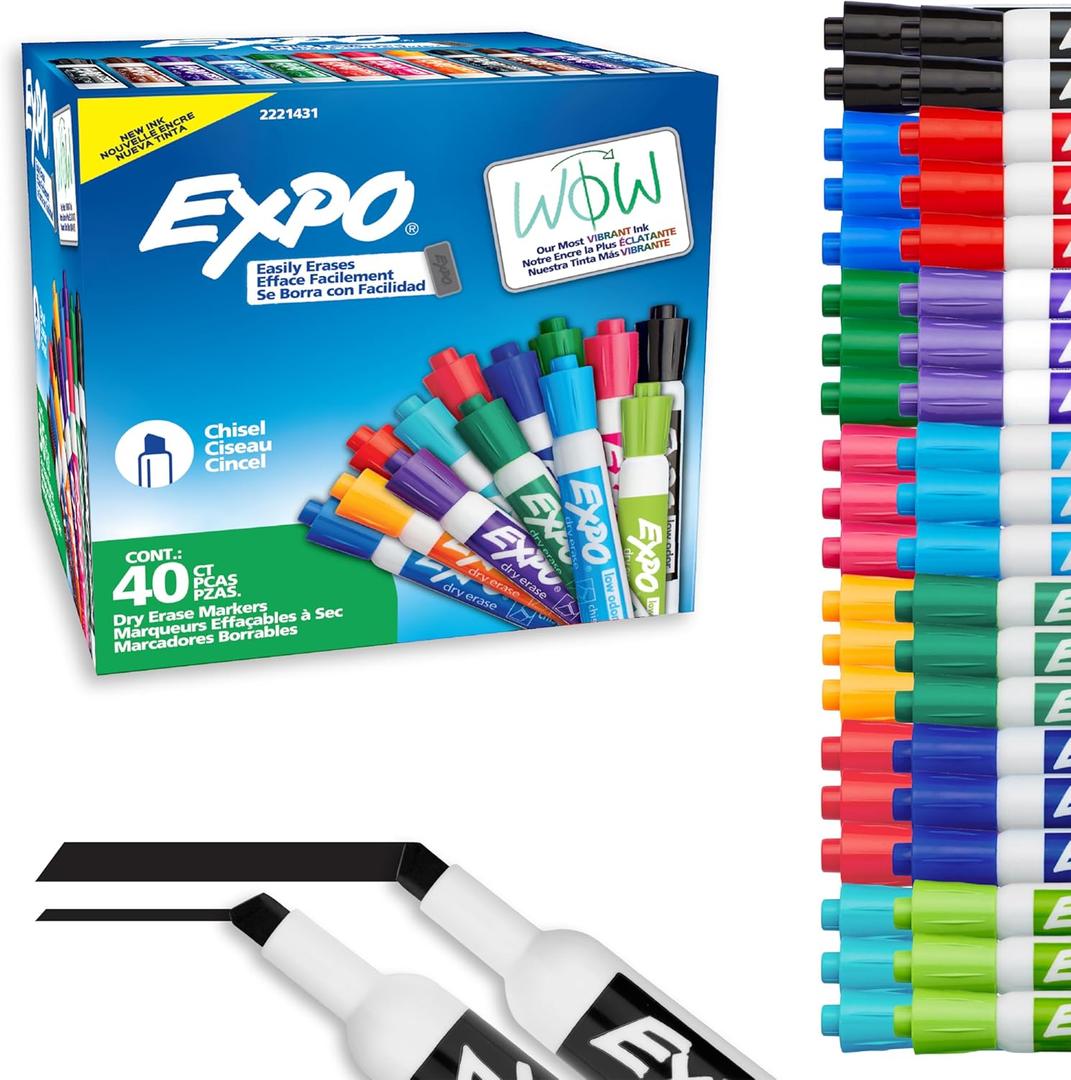 EXPO Dry Erase Markers, Low Odor Ink, Assorted Fashion Colors, Chisel Tip, 40 Count - Whiteboard, Essential Supplies for Office, School, Classroom, Teachers