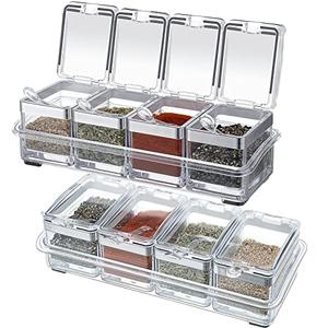 2 Set Acrylic Seasoning Organizer Box 10 x 4 x 3.2 in 8 Clear Seasoning Rack Spice Pot Condiment Container with Lid and Spoon Storage Container Spice Jar for Sugar Salt Kitchen Cooking Organizer