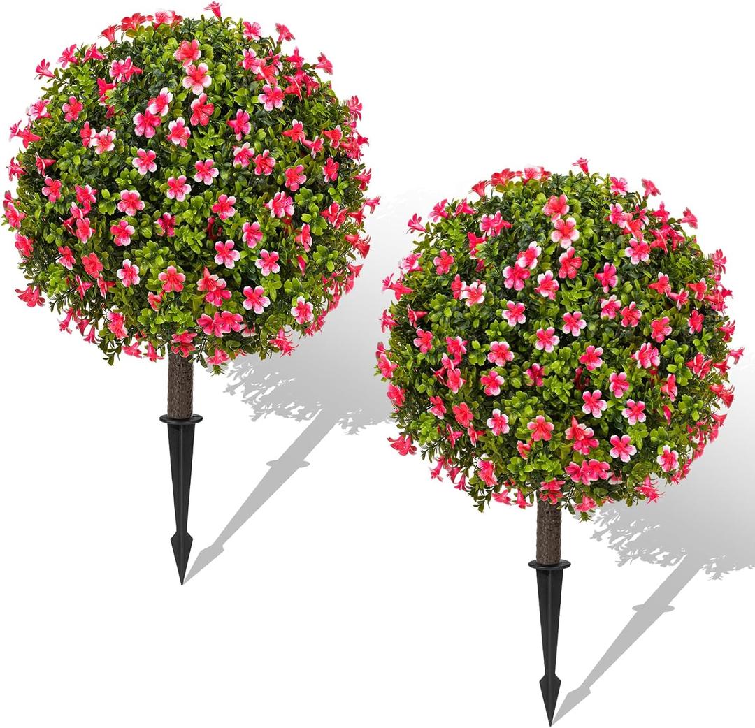 25" Artificial Boxwood Topiary Ball Trees with Rose Pink Flowers, Set of 2 UV Resistant No Fade Outdoor Faux Plants with Ground Spike, Fake Shrubs for Garden, Patio, Porch, Yard, Indoor Decor