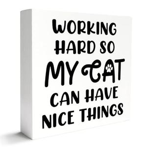 Cat Lover Decor Wooden Box Sign, Funny Cat Desk Decoration for Home, Working Hard, Cat Lover Gifts for Women Men, Cat Mom Cat Dad Cat Owner Gifts