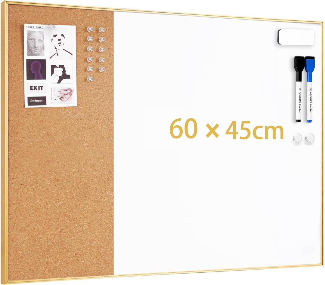 ARCOBIS Dry Erase Cork Board Combo, 24"X18" Bulletin White Board for Wall, Magnetic Corkboard Whiteboard Combination, Vision Board for Office, Home, School Gold Frame