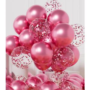 AULE Party Balloons Pack of 42 - Metallic Chrome Pink Balloons and Pink Confetti Latex Helium Balloons With 64ft Ribbons - 12 Inch Balloon Decoration Set