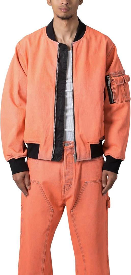 mnml Men's Denim Bomber Jacket (Medium, Orange)