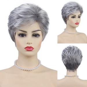 SEVENCOLORS Short Grey Silver Wigs for White Women Natural Layered Pixie Cut Wigs with Bangs Synthetic Short Gray Hair Wig for Older Women
