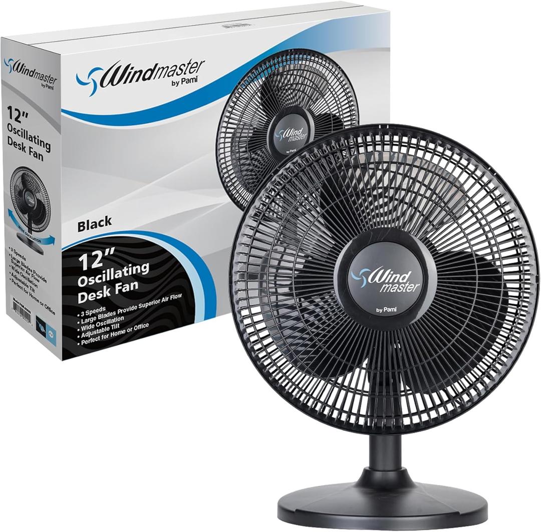 PAMI Oscillating Desk Fan - Portable Table Top Fan With 3 Speed Levels, Large Blades & Adjustable Tilt- Max Air Flow Office Desk Fan- Electric Cooling Fan For Bedroom Home Dorm Office (Black, 16'')