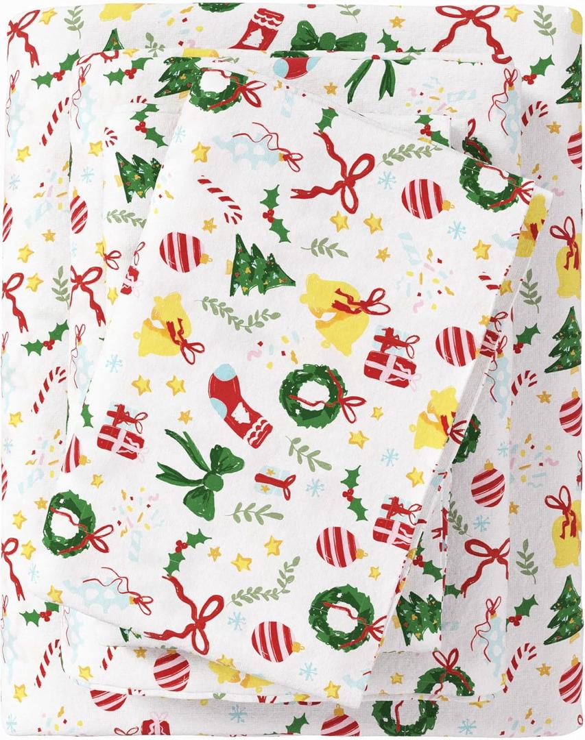 Great Bay Home Christmas Flannel Sheet Set Full Size - 100% Turkish Cotton, Double-Brushed, Winter Bed Sheets - Ultra-Soft, Cozy, 4-Piece Holiday Bedding Set (Celebration)