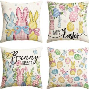 AVOIN colorlife Happy Easter Rabbit Easter Eggs Colorful Flowers Throw Pillow Covers, 18 x 18 Inch Bunny Kisses Eucalyptus Leaves Cushion Case Decoration for Sofa Couch Set of 4