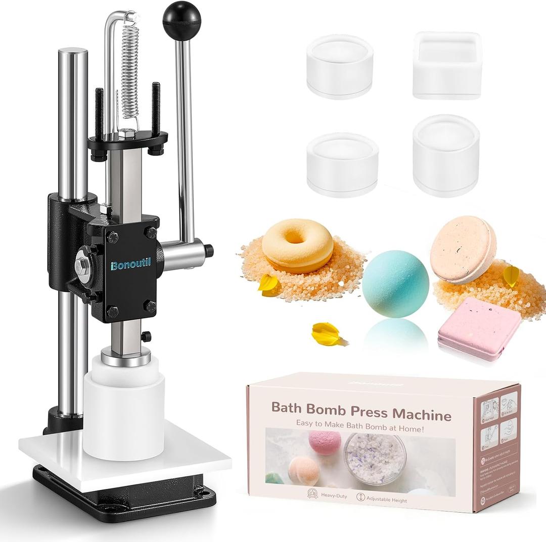 Bath Bomb Press Machine with 4 Molds for DIY Soap Making Kit
Manual heavy duty press, makes bath bombs soap bars, adjustable height, ideal for DIY crafters beginners & small business use