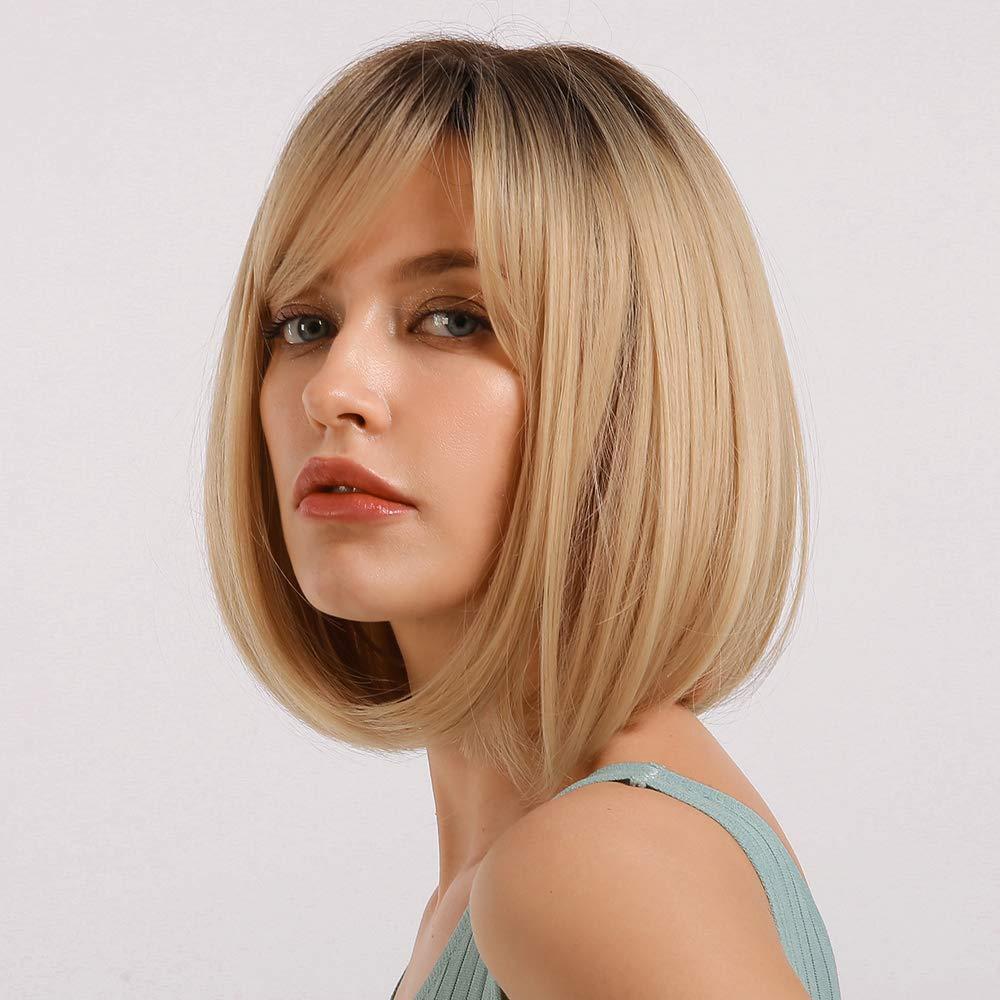 HAIRCUBE Blonde Bob Wig with Bangs Short Bob Wigs for Women Short Blonde Wig with Dark Roots Heat Resistant Synthetic Wig Natural Looking for Daily Use