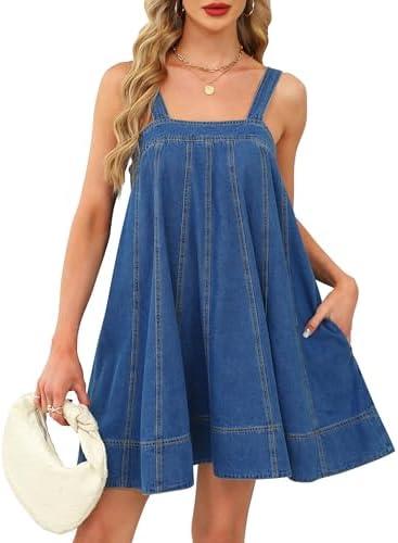Denim Dress for Women Tie Shoulder with Straps Sleeveless Ruffle Hem Summer Casual mini Jean Dress with Pockets Size XL
