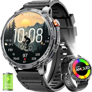 Military Smart Watch for Men 1.75" HD AMOLED Display 730mAh Battery Smart Watches with LED Flashlight for Android iOSBluetooth Call Answer/Dial Calls Fitness Tracker with Heart Rate (Black)