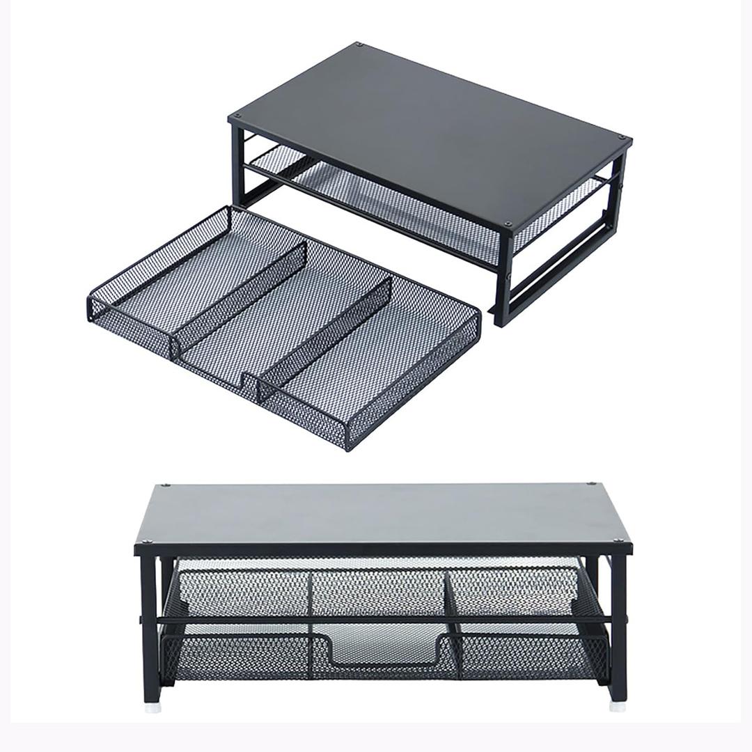 Desktop Monitor Stand with Drawers, 2-Layer Elevated Computer Laptop Riser with Storage, Metal Mesh Organizer Rack for Office